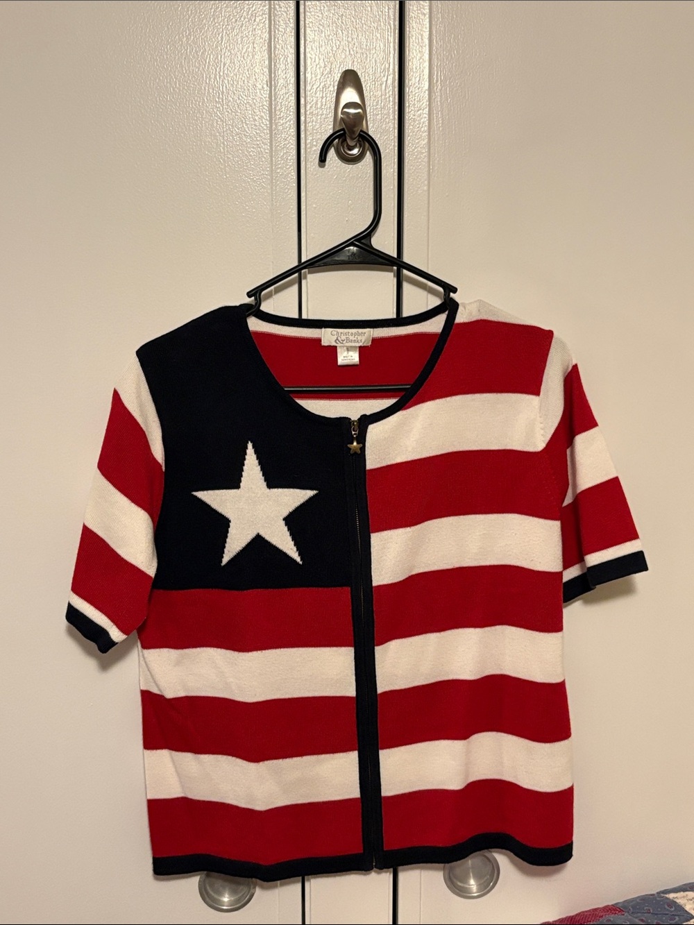 Christopher & Banks Red White Navy Flag-Stripe Zip Cardigan